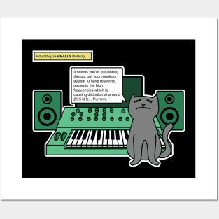 Cat on Music Studio Desk with Analogue Synthesizer Posters and Art